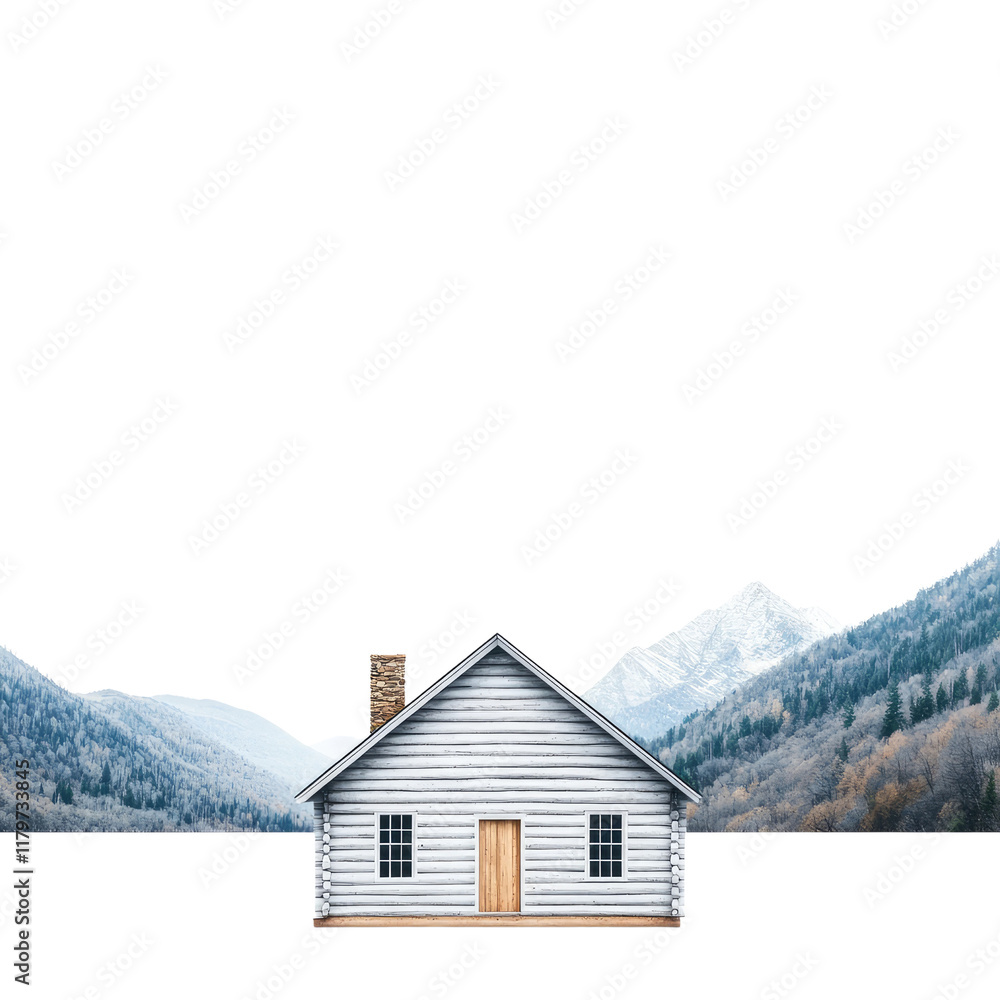Cozy wooden house nestled between majestic mountains under a bright blue sky in a serene natural landscape Cozy wooden house nestled between majestic mountains under a bright blue sky in a serene natural landscape
