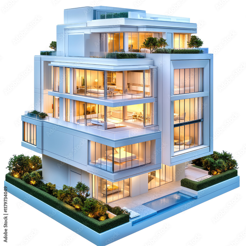 Modern Luxury Building with Glass Facade and Outdoor Spaces Surrounded by Greenery at Dusk Modern Luxury Building with Glass Facade and Outdoor Spaces Surrounded by Greenery at Dusk
