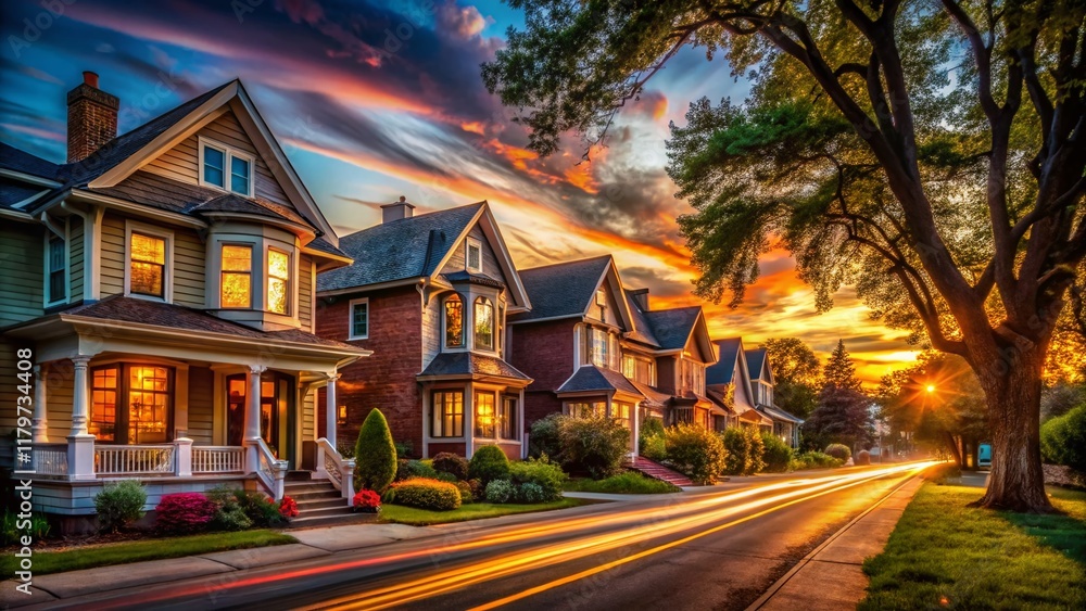Fototapeta premium Long Exposure Photography of Vintage Homes at Dusk - Golden Hour Light