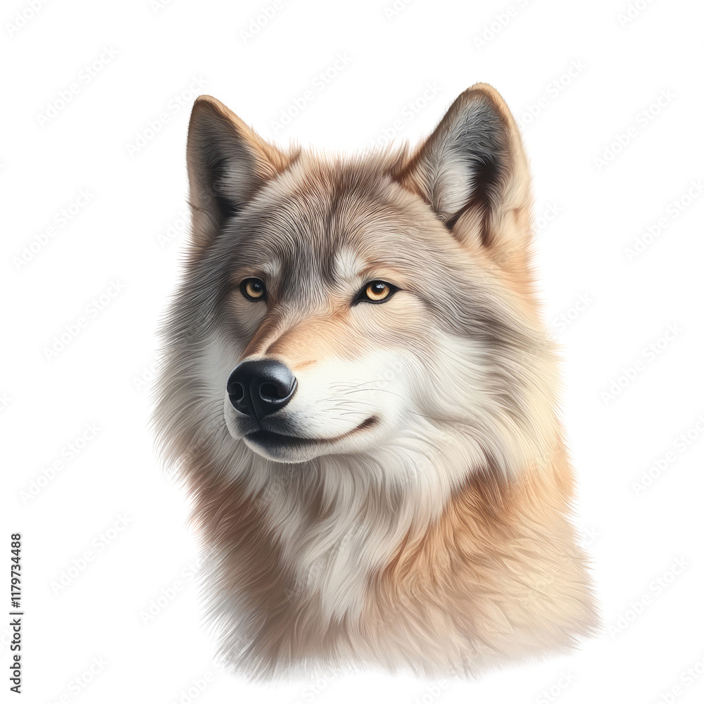 Fototapeta premium Realistic portrait of a majestic wolf with detailed fur texture and expressive eyes in a natural setting, showcasing wildlife beauty