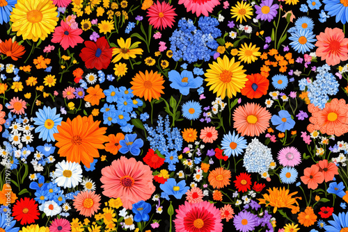Seamless colorful floral pattern with vibrant flowers on dark background