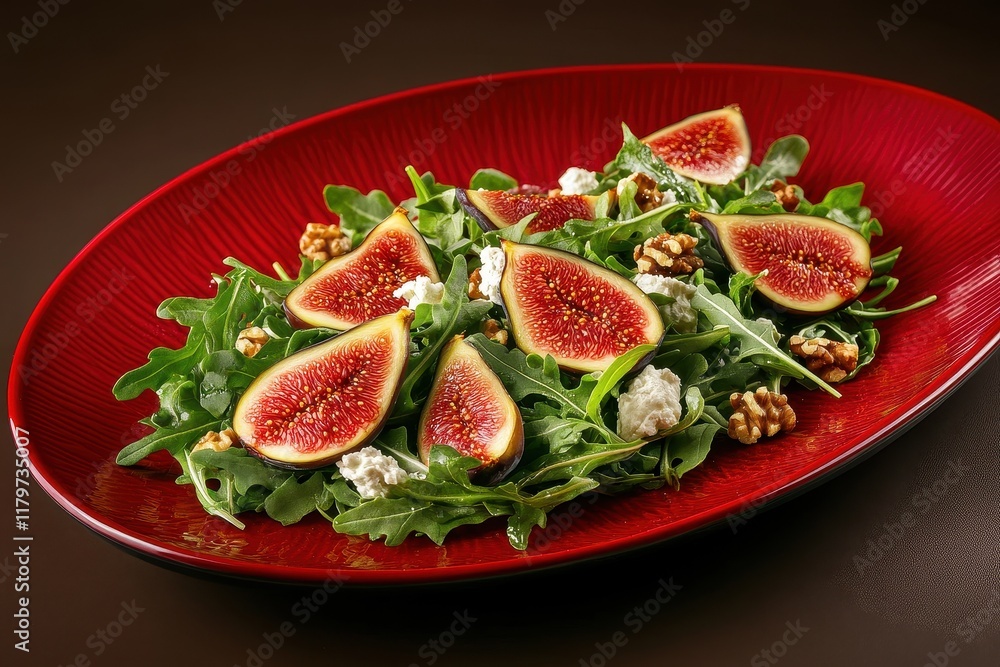 Delicious salad featuring fig slices crumbled goat cheese walnuts and arugula on a red plate against a dark brown backdrop Delicious salad featuring fig slices crumbled goat cheese walnuts and arugula on a red plate against a dark brown backdrop