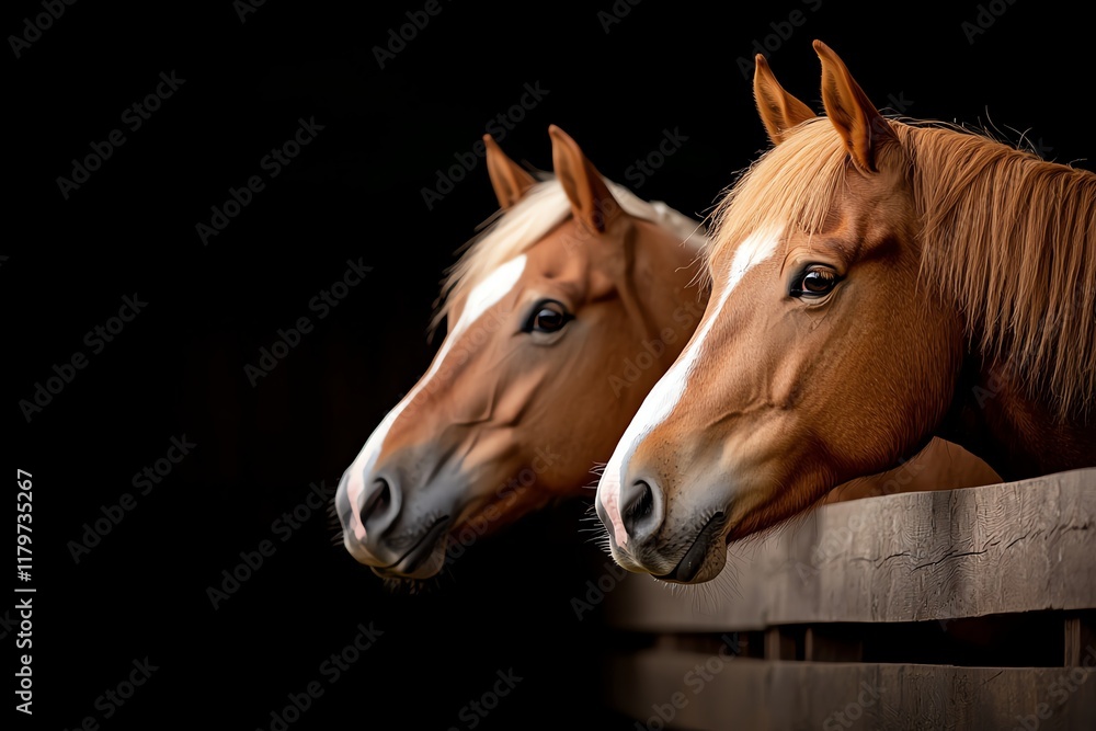 Obraz premium Two beautiful horses with chestnut coats and white manes peer over a wooden fence in this captivating close-up portrait, set against a dark, minimalistic background.