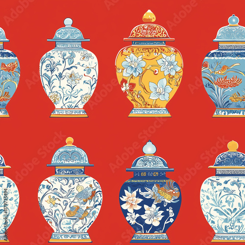 Ming dynasty porcelain seamless pattern artistic collection vibrant red background traditional chinese design decorative elements photo