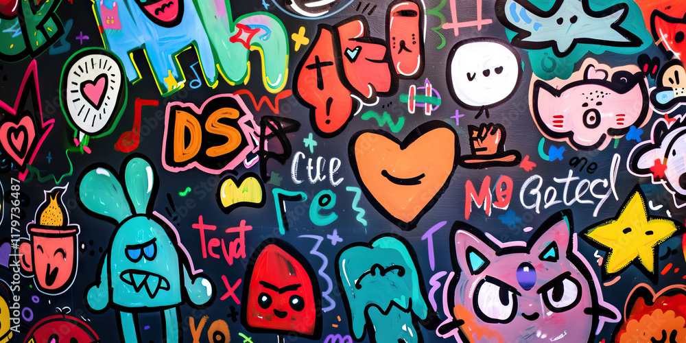 Colorful Cartoon Characters and Abstract Shapes on Dark Background Colorful Cartoon Characters and Abstract Shapes on Dark Background