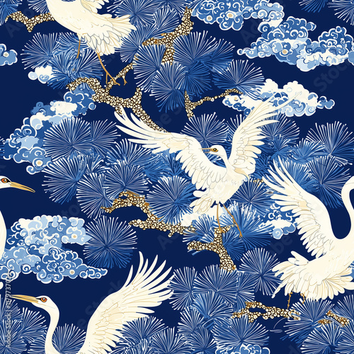 Ming dynasty porcelain seamless pattern featuring elegant cranes traditional chinese design artistic textile blue and white aesthetic