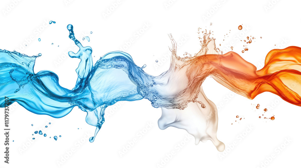 Fototapeta premium Flowing Colors of Water Splashing in Blue, Orange, and White Abstract Art Creating Dynamic Motion on Black Background