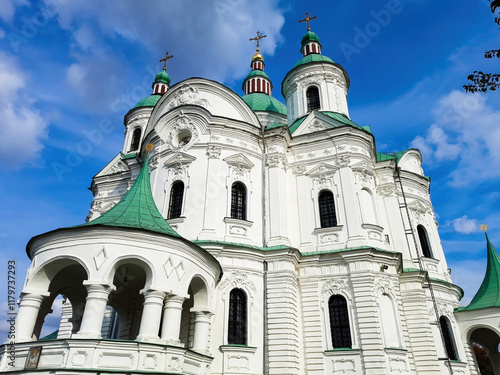 Majestic church with decorative bas-reliefs. Nativity of the Virgin Cathedral in Ukrainian Baroque style