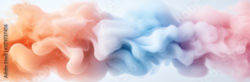 A delicate blend of colorful swirling smoke, creating a mesmerizing abstract pattern in soft orange, blue, and pink hues. Perfect for creative design and artistic backgrounds. photo