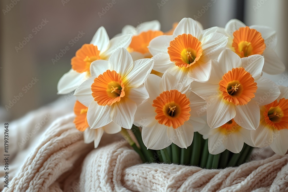 Bright Spring Daffodils in Cozy Knit Blanket - Floral Arrangement for Home Decor or Greeting Cards Bright Spring Daffodils in Cozy Knit Blanket - Floral Arrangement for Home Decor or Greeting Cards