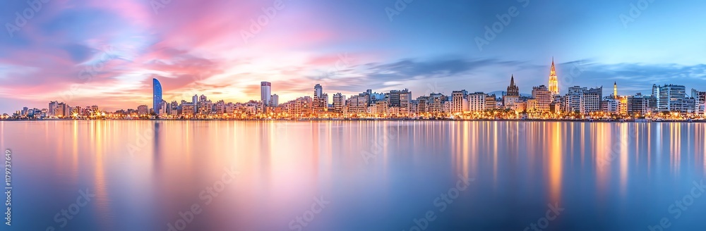Panoramic city skyline reflecting on tranquil waters during sunset, showcasing vibrant lights and serene atmosphere. Perfect for travel and urban scenery enthusiasts. Panoramic city skyline reflecting on tranquil waters during sunset, showcasing vibrant lights and serene atmosphere. Perfect for travel and urban scenery enthusiasts.