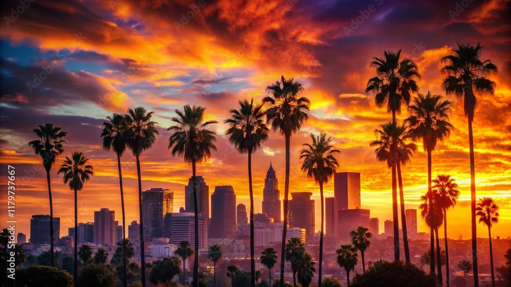 Obraz premium Los Angeles Skyline Silhouette at Sunset, Dramatic Cityscape