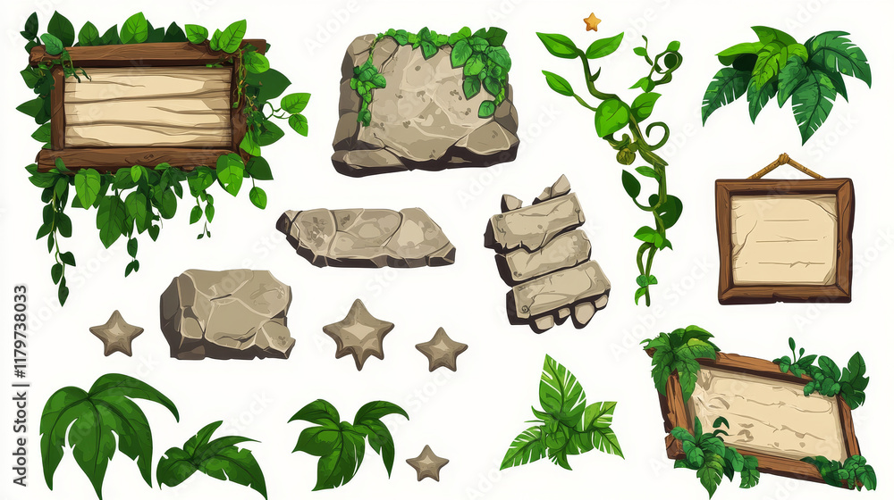 Jungle game ui elements with stone texture and green liana vines and tropical plant leaves. Cartoon vector illustration set of empty signboard and menu plaque, stars and buttons for videogame design. Jungle game ui elements with stone texture and green liana vines and tropical plant leaves. Cartoon vector illustration set of empty signboard and menu plaque, stars and buttons for videogame design.