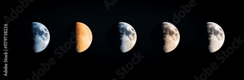 A captivating sequence depicting the different phases of the moon against a stark black backdrop, showcasing the celestial progression of Earth's natural satellite. photo