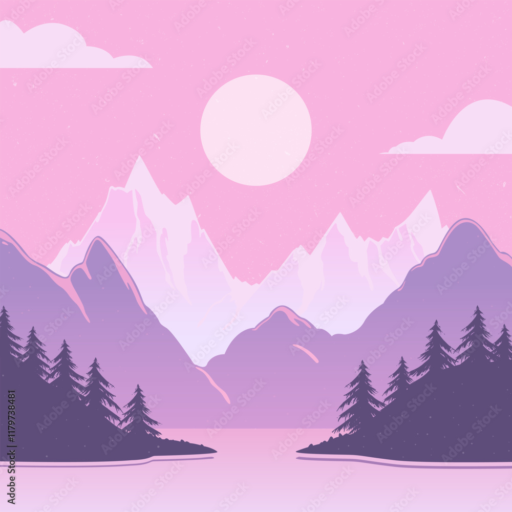 Fototapeta premium Minimalist style mountain landscape vector illustration for tourist flyer, background, booklet. Adventure, hiking, camping, vacation, travel concept. Abstract landscape, flat design polygonal banner