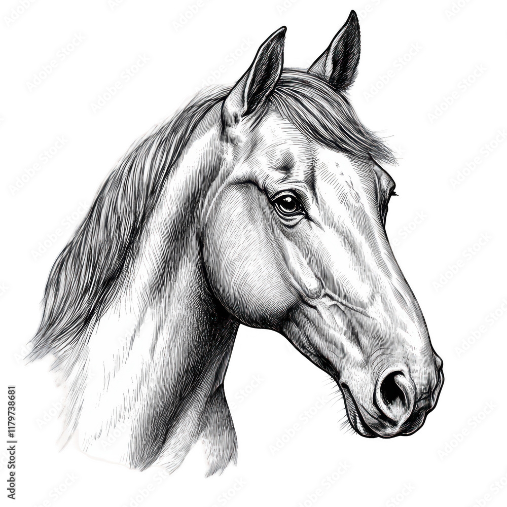 Obraz premium Horse Head Sketch Engraving: A detailed engraving-style sketch of a horse��s head, highlighting its features. Transparent background.