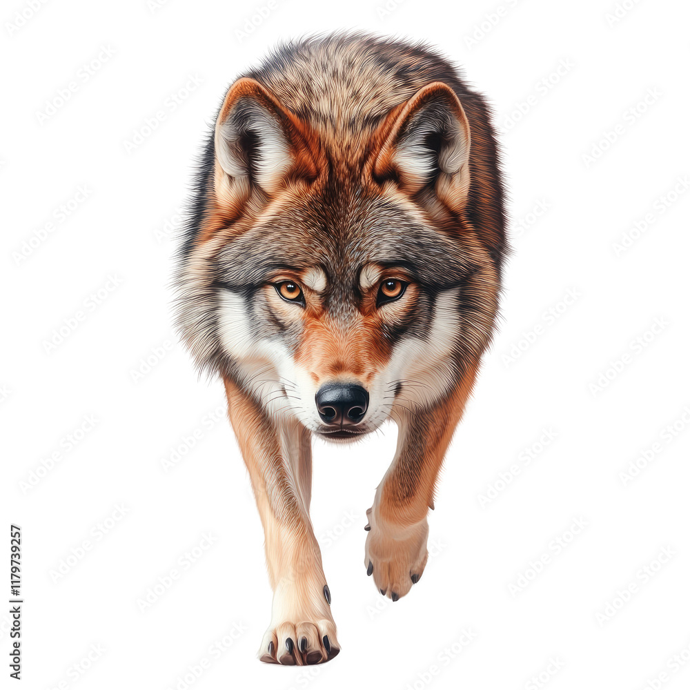 Obraz premium Photorealistic Portrait of a Majestic Wolf Strolling Towards the Viewer in Natural Light with Detailed Fur Texture