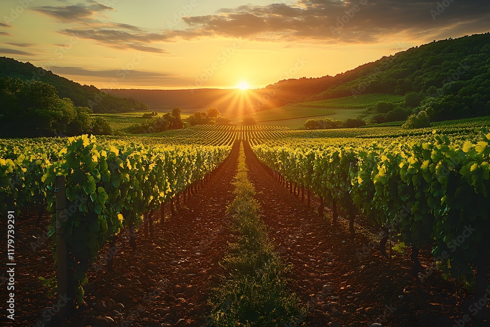 Naklejka premium Sunset Over Vineyard Rows in Lush Countryside for Wine Tourism and Nature Photography