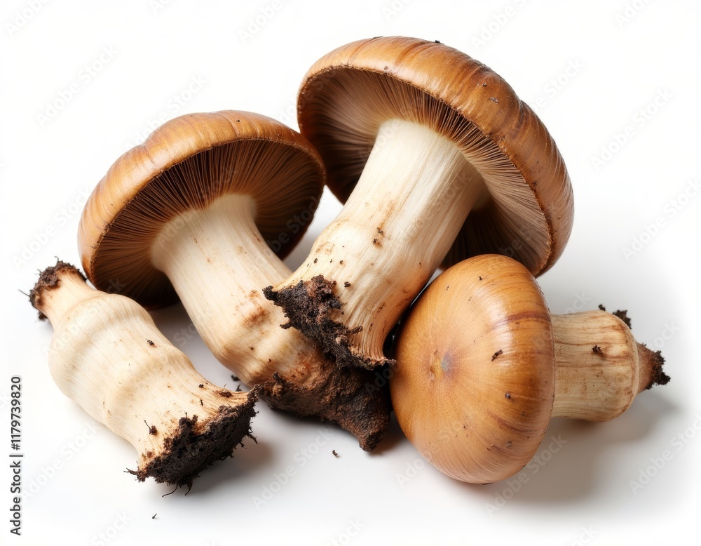 Four mushrooms with brown caps and stems with some dirt on them Four mushrooms with brown caps and stems with some dirt on them