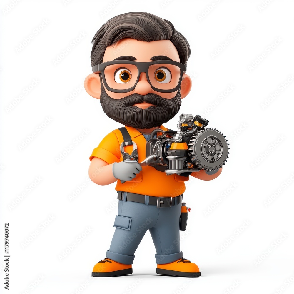 Cartoon mechanic character holding automotive engine model Cartoon mechanic character holding automotive engine model