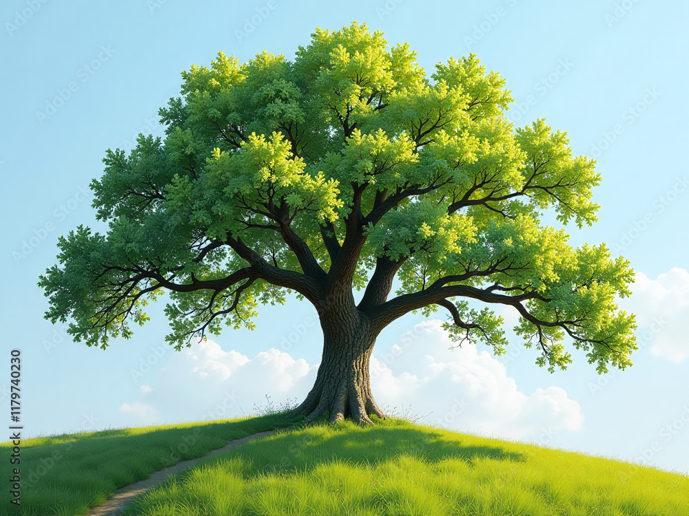 Fototapeta premium A Beautiful Oil Painting Of A Lush Green Summer Oak Tree Created Using Artificial Intelligence Generative Techniques. 00002