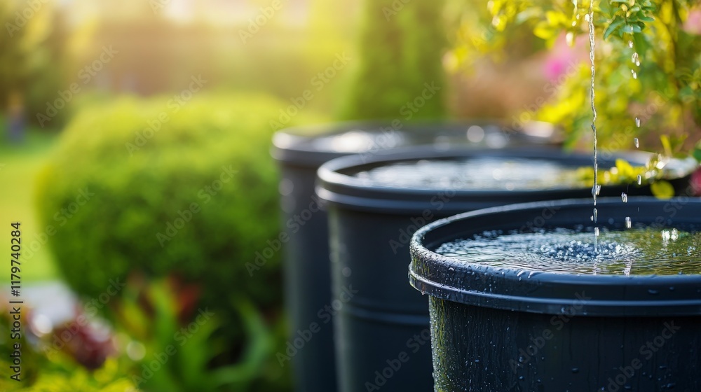 Tranquil Rainwater Harvesting System in a Lush Garden with Water Collecting Barrels on a Sunny Day, Highlighting Eco-Friendly Practices and Sustainable Living Tranquil Rainwater Harvesting System in a Lush Garden with Water Collecting Barrels on a Sunny Day, Highlighting Eco-Friendly Practices and Sustainable Living