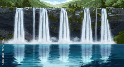 A series of cascading waterfalls pouring down into a tranquil river below