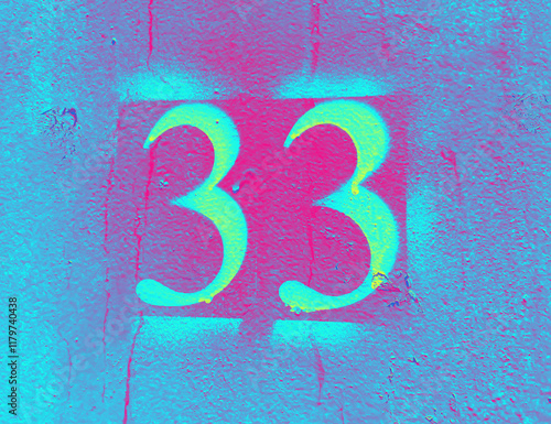 Number 33 on blue background. Luminous thirty three on textured surface  photo