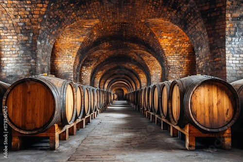 Rustic Wine Cellar with Wooden Barrels in Traditional Brick Vaulted Archway photo