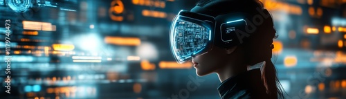 Wallpaper Mural A futuristic profile of a person wearing a VR headset, surrounded by glowing digital interfaces and data streams, evoking a sense of advanced technology and virtual reality. Torontodigital.ca