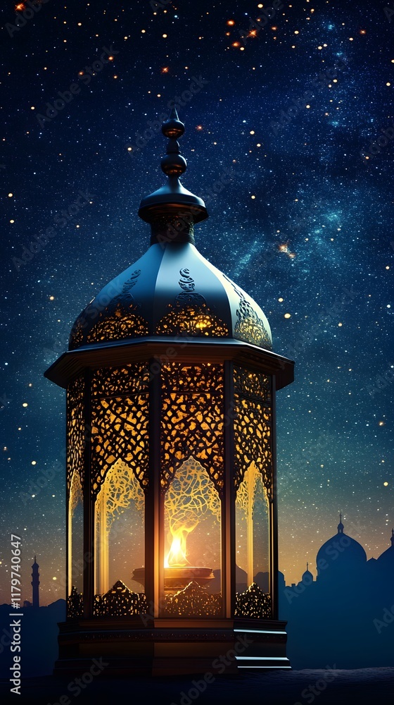 Glowing Ramadan lanterns under a stunning starry background, peaceful night scene, extra space reserved for text Glowing Ramadan lanterns under a stunning starry background, peaceful night scene, extra space reserved for text