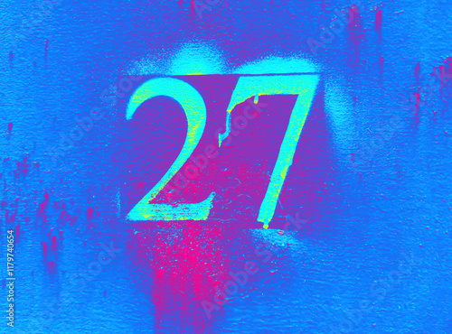 Luminous number 27 on blue neon background. Twenty-seven on textured surface  photo