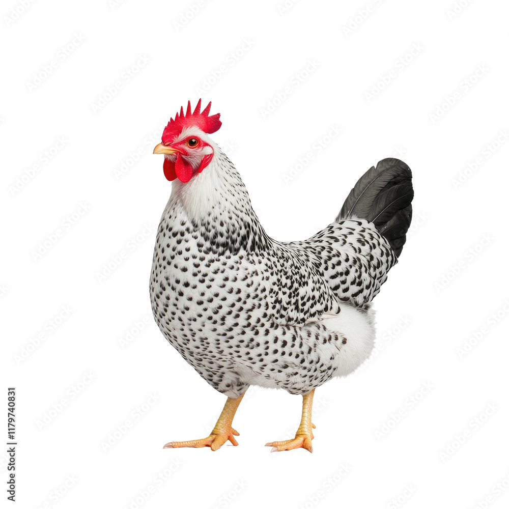 Fototapeta premium Beautiful Speckled Hen Standing Proudly on a White Background with Bright Red Comb and Wattles