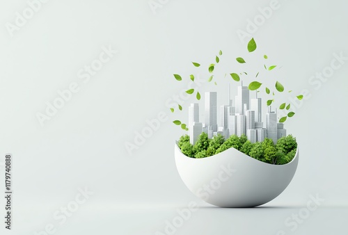 Creative concept of a sustainable city with skyscrapers sprouting greenery and floating leaves. Highlights urban ecology and green living. photo