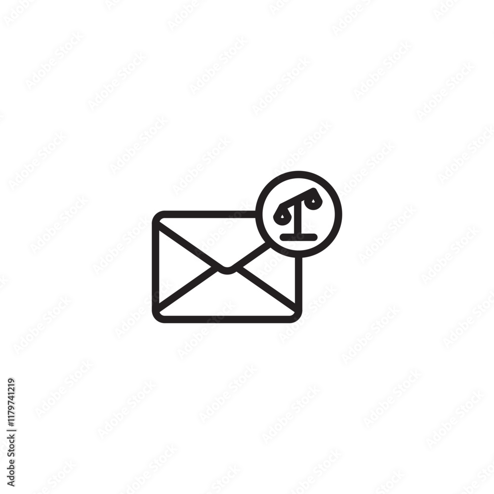 An envelope icon with a scale symbol overlay. Represents legal correspondence, official communication, or justice-related emails. Simple line art design. An envelope icon with a scale symbol overlay. Represents legal correspondence, official communication, or justice-related emails. Simple line art design.