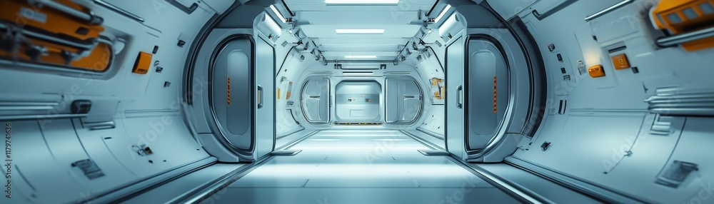 Fototapeta premium A futuristic, sleek corridor with smooth walls and bright lighting, resembling a spacecraft interior.