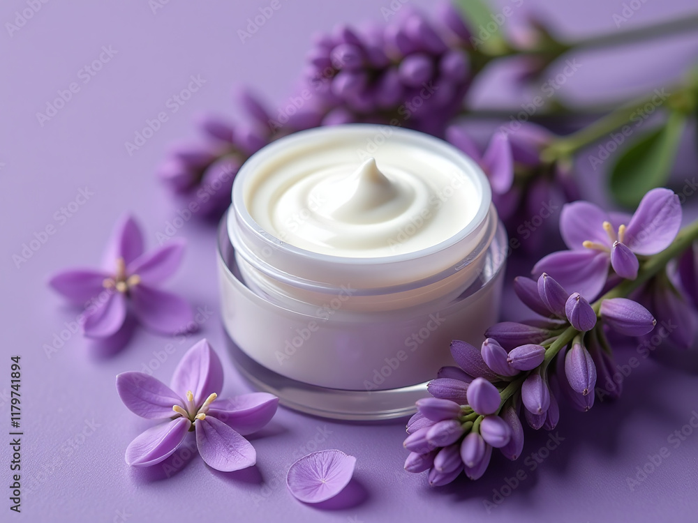 A Beautiful Container Holds Cream Surrounded By Lavender Flowers On A Rich Purple Background, Showcasing Natural Cosmetics In A Delicate Setting. 00002
