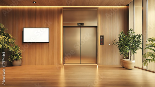 Fototapeta Naklejka Na Ścianę i Meble -  Realistic elevator with open door and TV screen on wall in office or modern hotel hallway, empty lobby interior with lift, wooden floor and blank display, indoor transportation 3d vector illustration