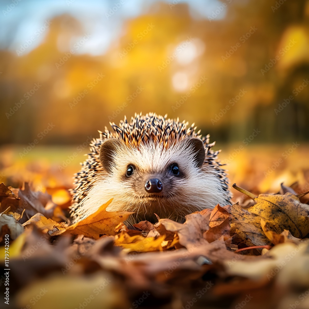 Hedgehog admiring falling leaves in autumn breeze Hedgehog admiring falling leaves in autumn breeze