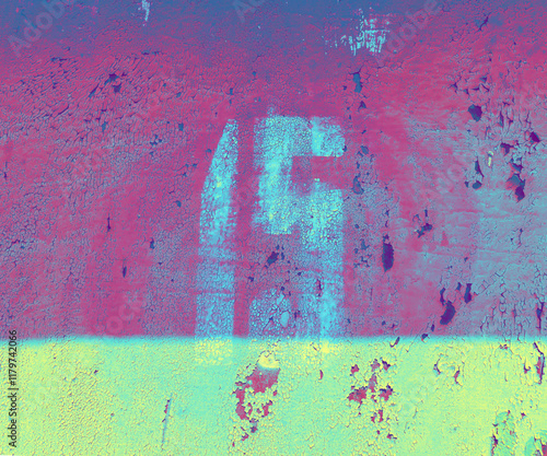 Number 15 on aged neon background. Fifteen on textured surface with old cracked paint