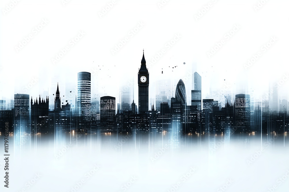 Obraz premium Futuristic city skyline at dawn, blending iconic landmarks and modern architecture against a misty backdrop, capturing the essence of urban innovation and timelessness.