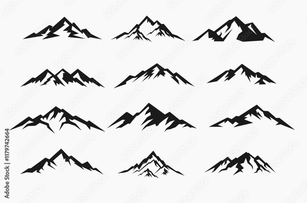 Fototapeta premium Silhouette Mountains Range Bundle Vector Design Graphic. Tree, Adventure, Travel, Outdoor, Nature Design Logo.