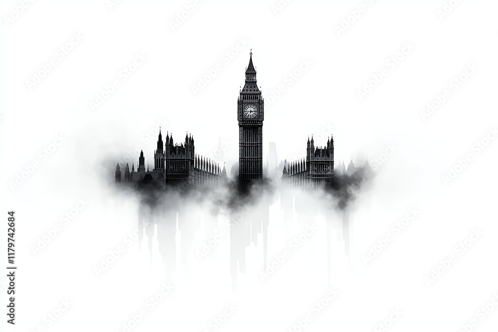 Naklejka premium Silhouette of iconic London architecture with Big Ben emerging through mist, creating a mysterious and dramatic ambiance, perfect for urban and historical themed projects.