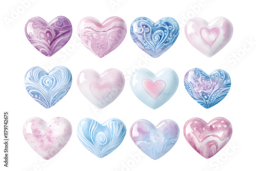 Whimsical watercolor hearts in various colors and patterns, perfect for decoration