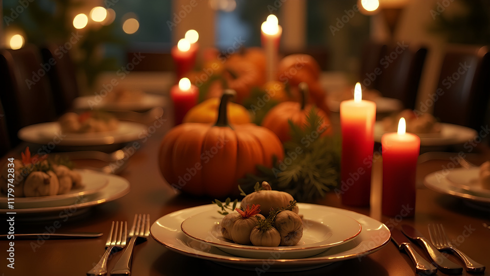 Thanksgiving Dinner Table with Pumpkins and Candles