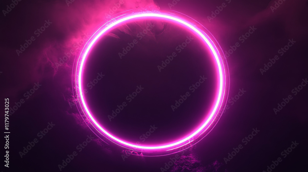 Solar eclipse circles showing moon covering sun on dark background. Glowing purple neon rings with bright luminous effects capture celestial phenomenon. Radiant circular shapes of astronomical event.