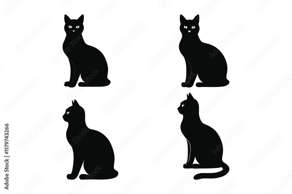 Set of Black Cat Silhouettes in Sitting Positions Set of Black Cat Silhouettes in Sitting Positions