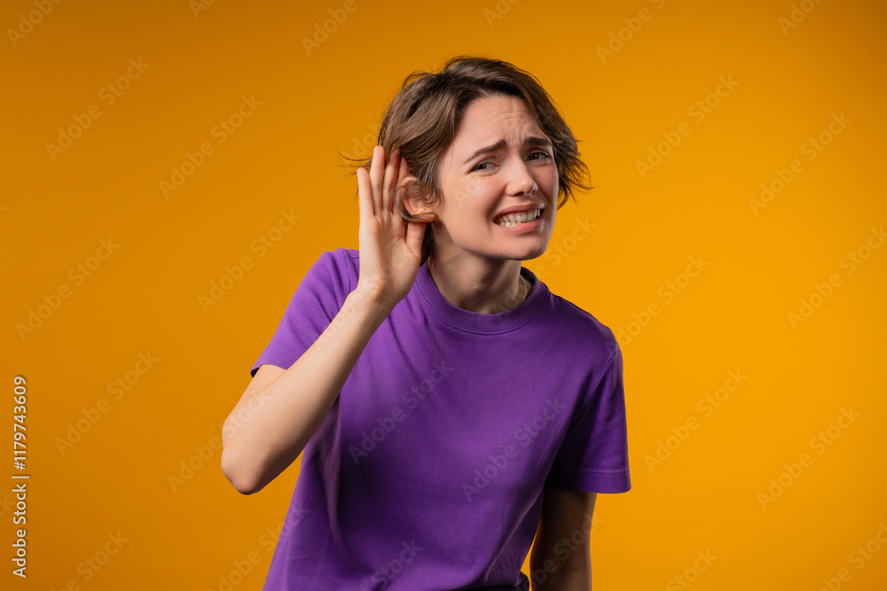 Fototapeta premium Curious 30s Woman Doesn't Hear, Asking What. Quiet Sound, Deaf, Misunderstand