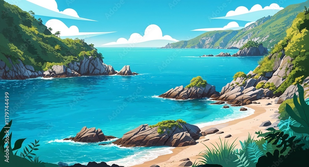 Fototapeta premium A hidden coastal inlet with turquoise waters and rocky untouched shores