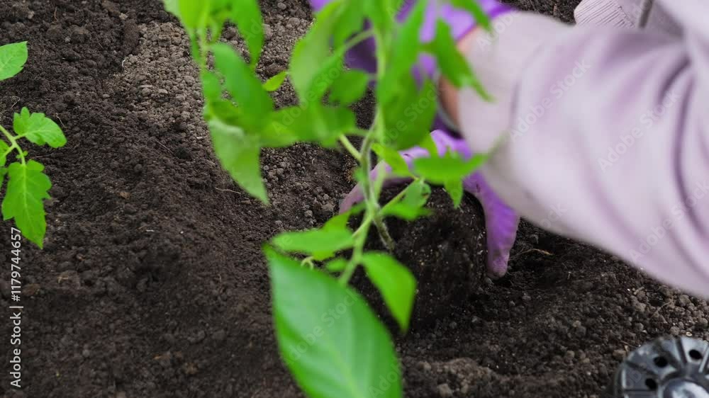 Footage of womens hands planting tomato seedlings in fertilized fertile soil. Work in a greenhouse. Hobby growing crops